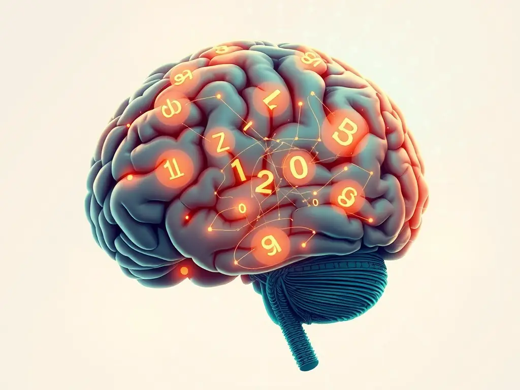 A stylized image of a brain with glowing circuits and numerological symbols overlaid, representing the enhanced cognitive abilities and intuitive insights gained through Tailo Society.