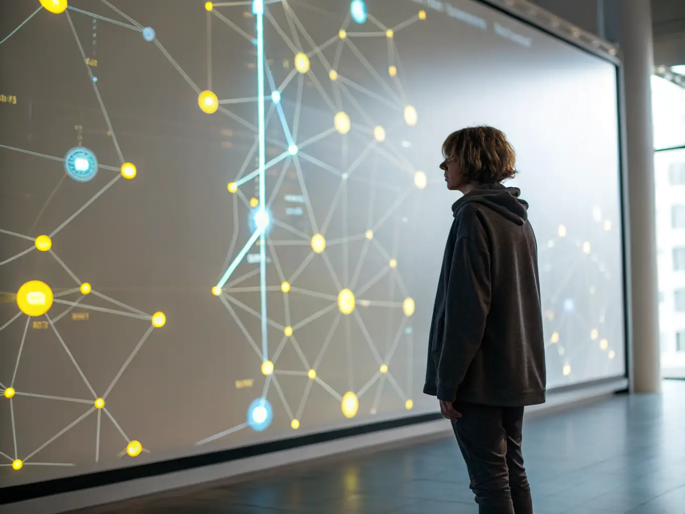 A visually striking image of a person confidently navigating a complex maze of digital code, symbolizing the mastery and control gained over one's personal reality through Tailo Society.