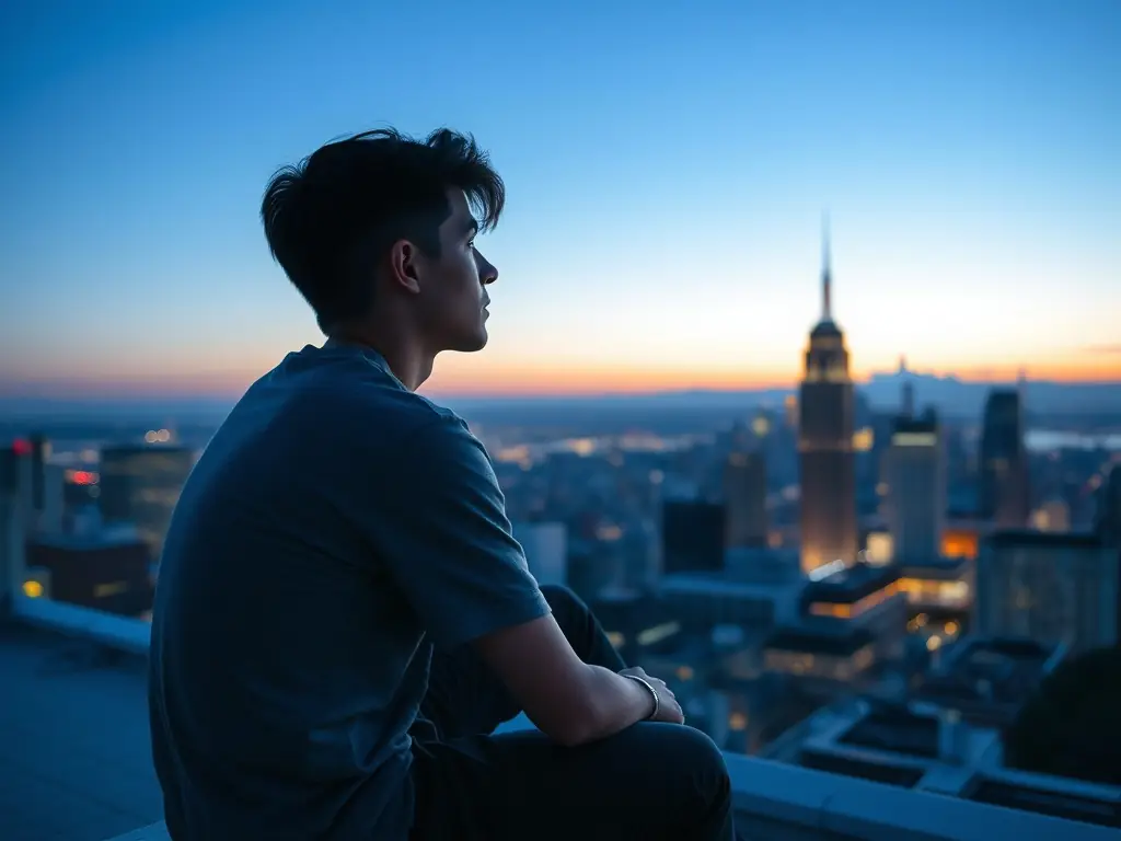 An image depicting a person looking at a series of repeating numbers (11:11, 222, 333) overlaid on a cityscape, symbolizing the recognition of synchronicities.