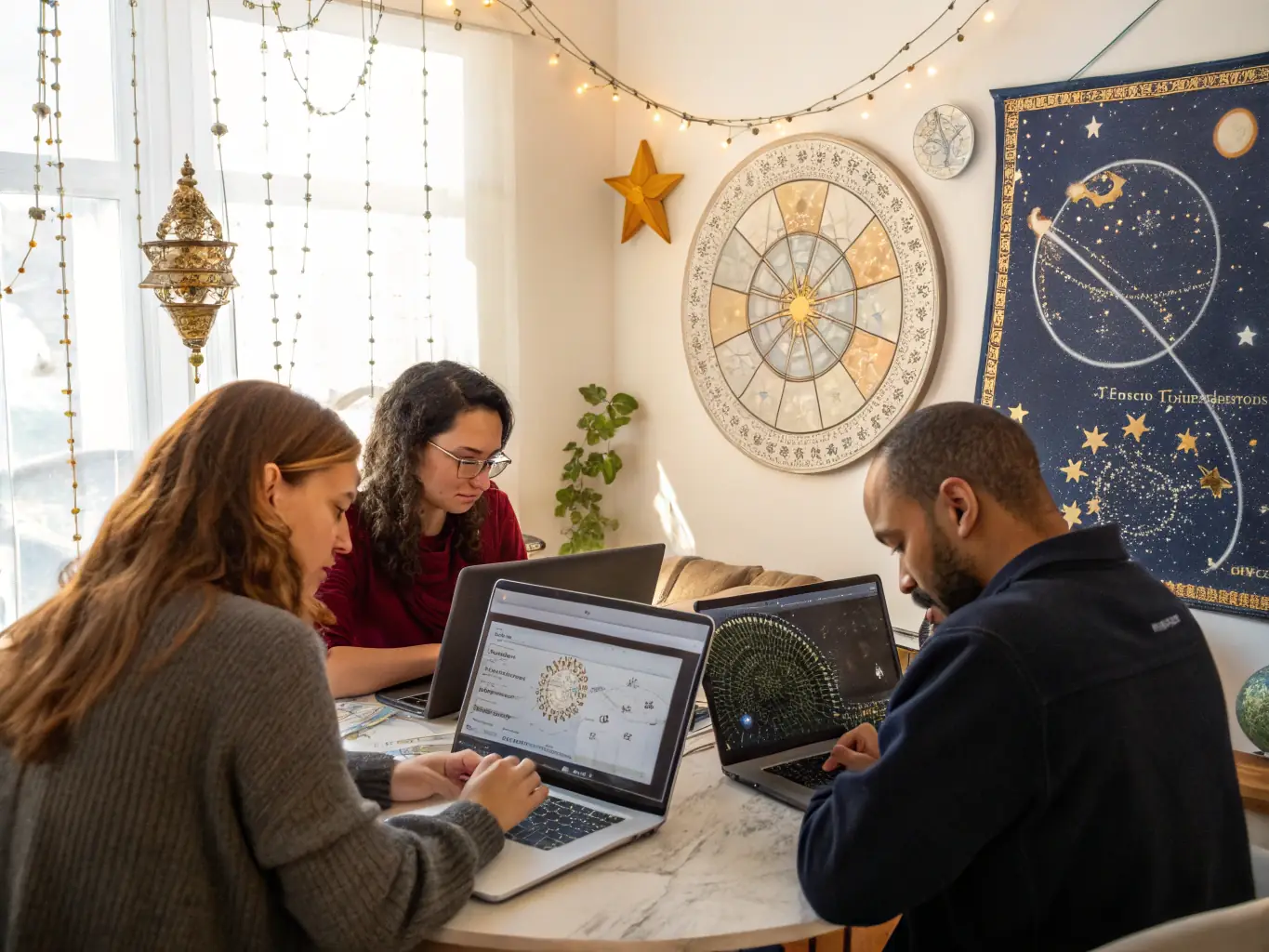 A stylized image showing a group of people collaborating around a holographic table displaying numerological charts and esoteric symbols, representing the community aspect of Tailo Society.