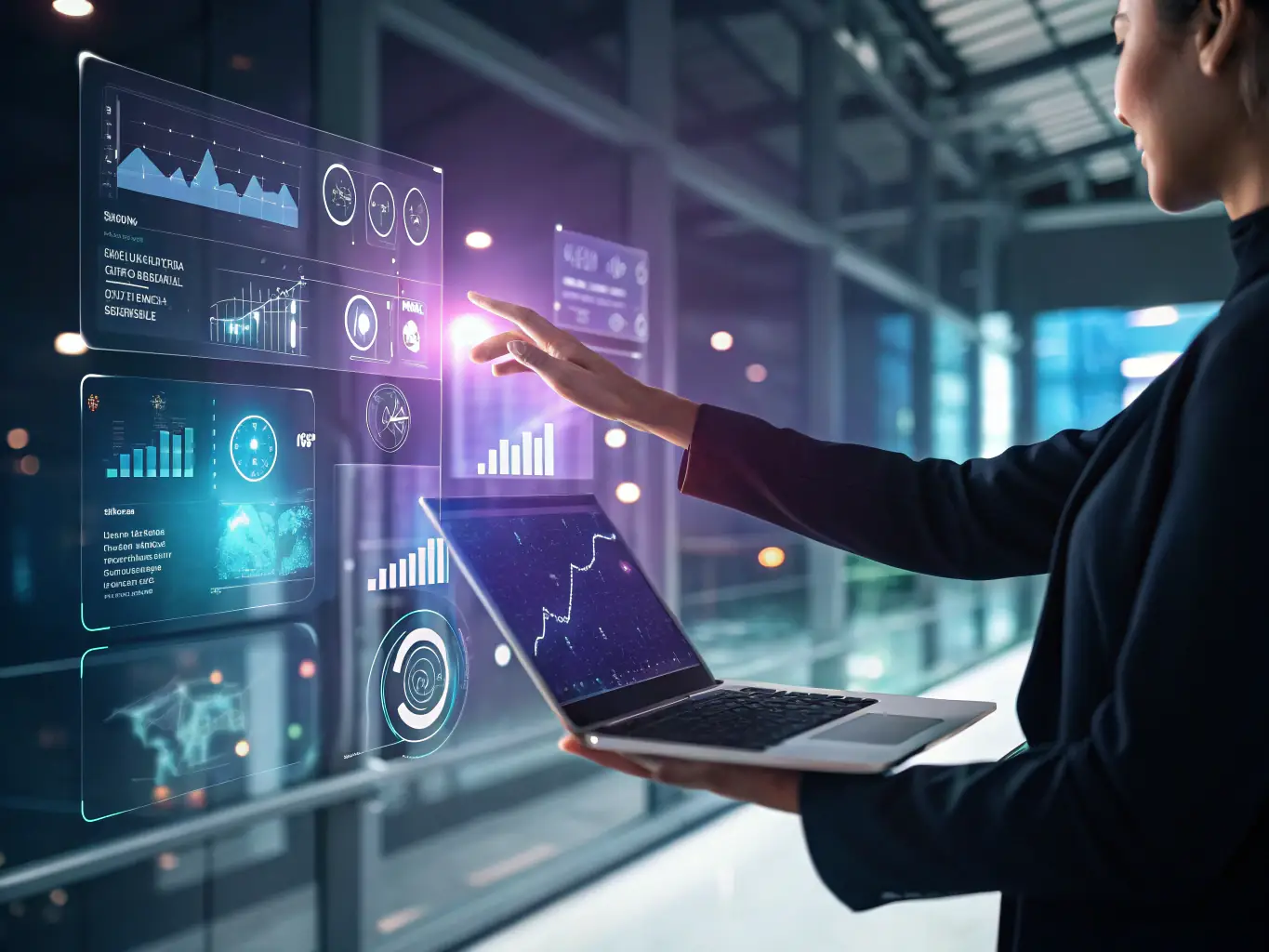 A futuristic image of a person manipulating holographic projections of various life elements (relationships, career, finances), symbolizing reality management.